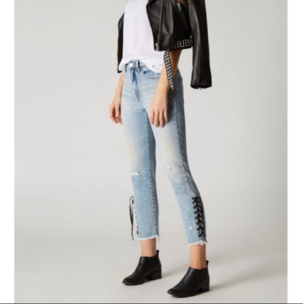 Blank NYC High Rise Tapered Lace Up Raw Hem Jeans - Picture 13 of 13